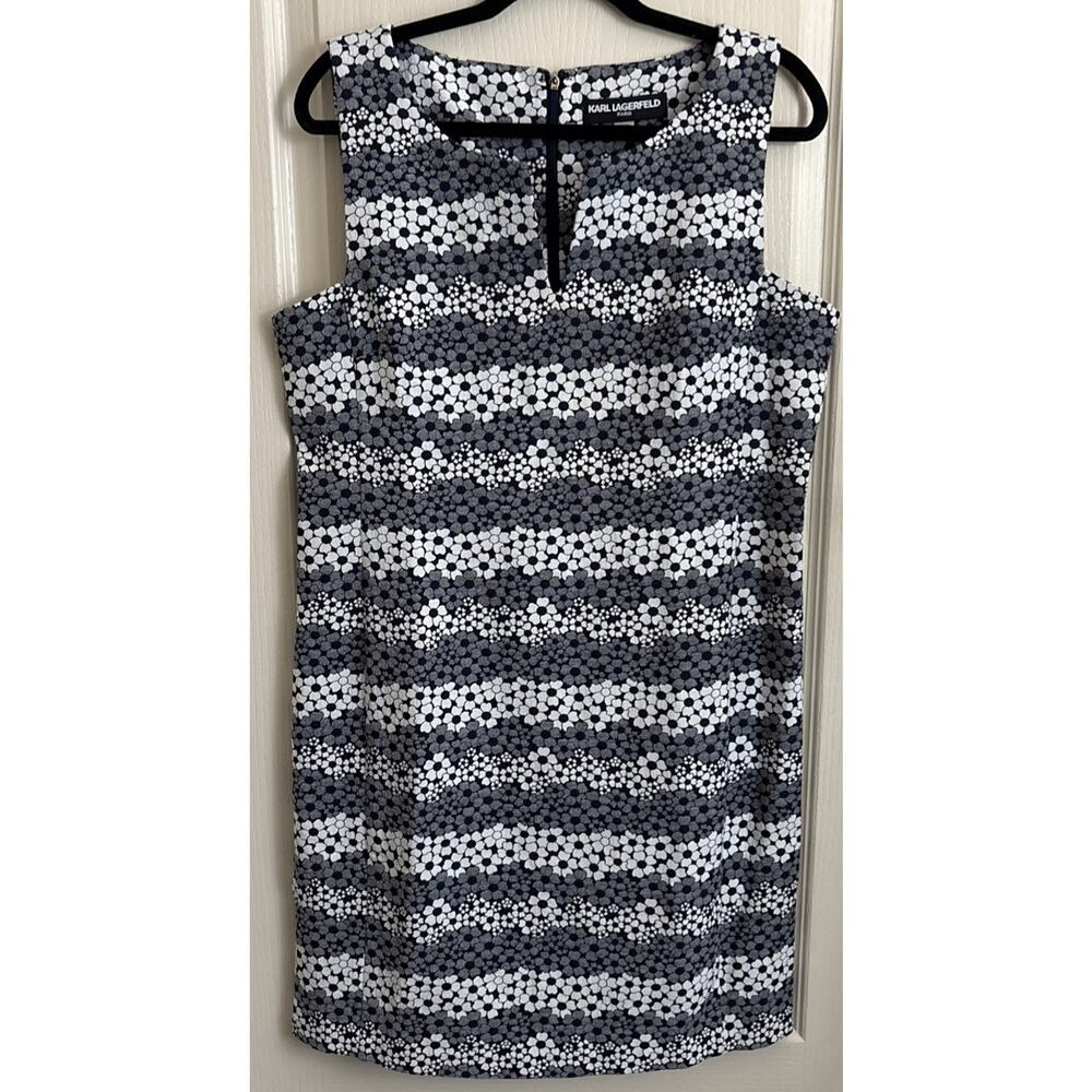 KARL LAGERFELD Women, Navy/White Floral V Neck Sleeveless Sheath Dress, Size 12